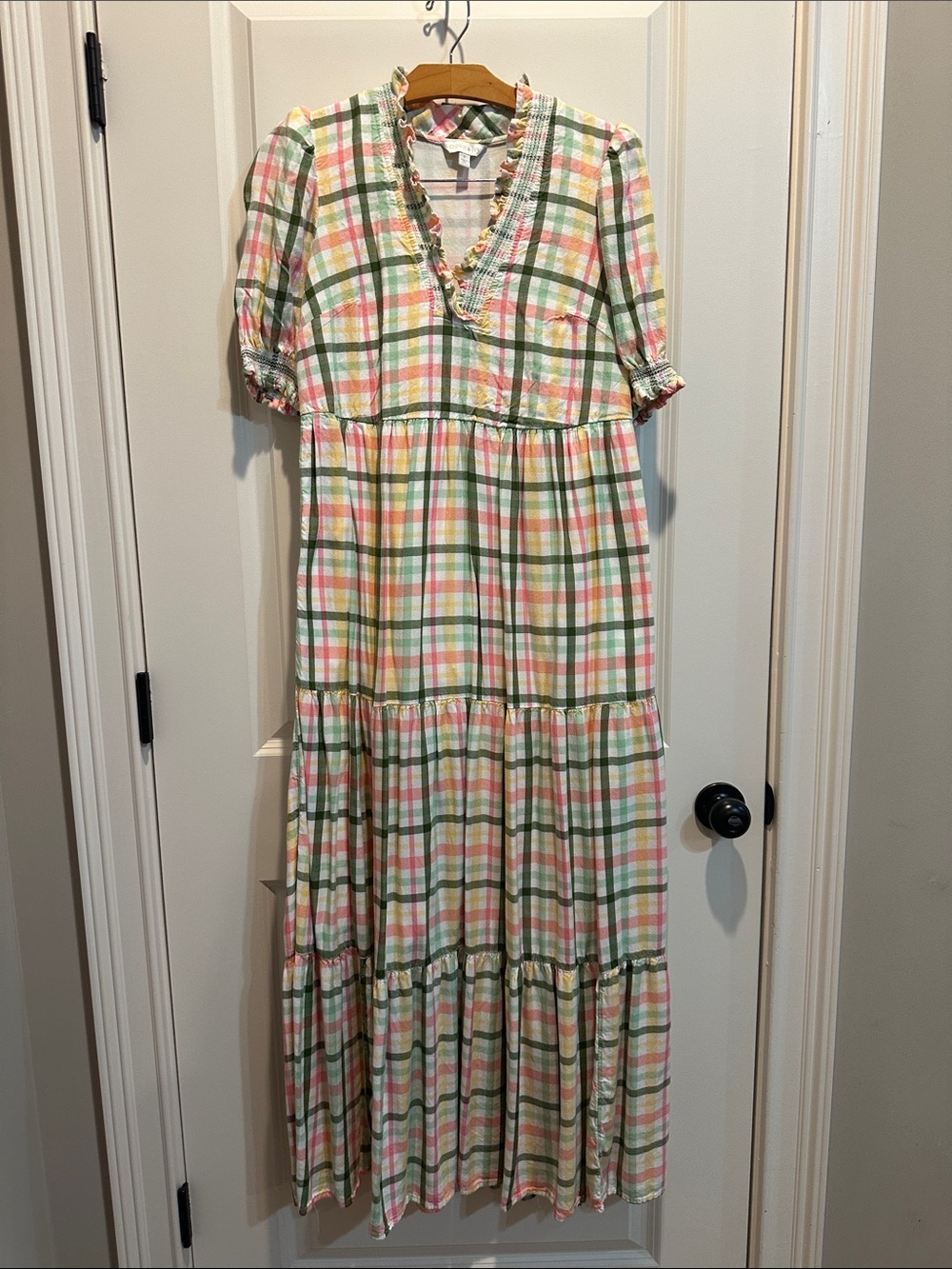 crown & ivy Pastel Plaid Tiered Maxi Dress in Green and Pink